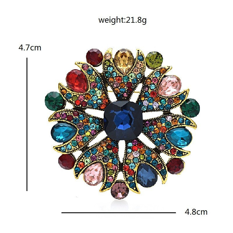 Ornate Blue Crystal Starburst Brooch Pin Dark Blue Center Stone Vintage S