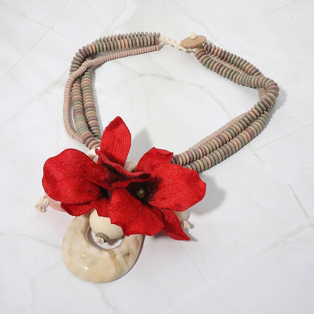 Red Hibiscus Floral Statement Necklace Neutral Bead Multi-Strand 20" Boho Tropic