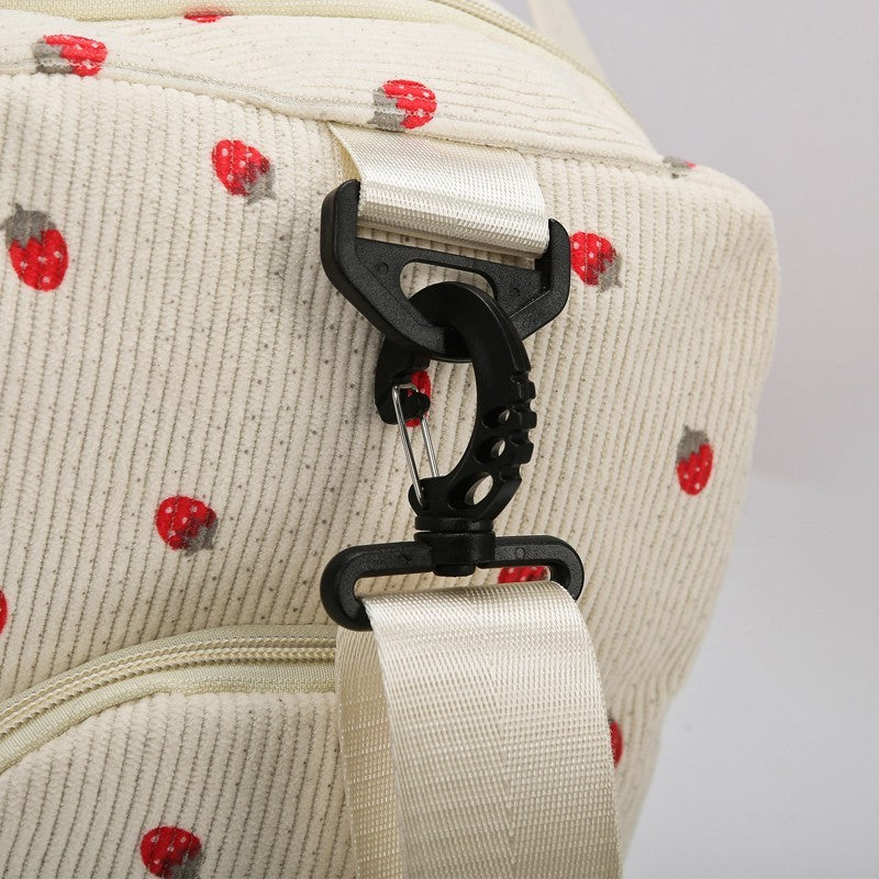 Strawberry Corduroy Travel Duffel Bag Shoe Compartment Trolley Sleeve