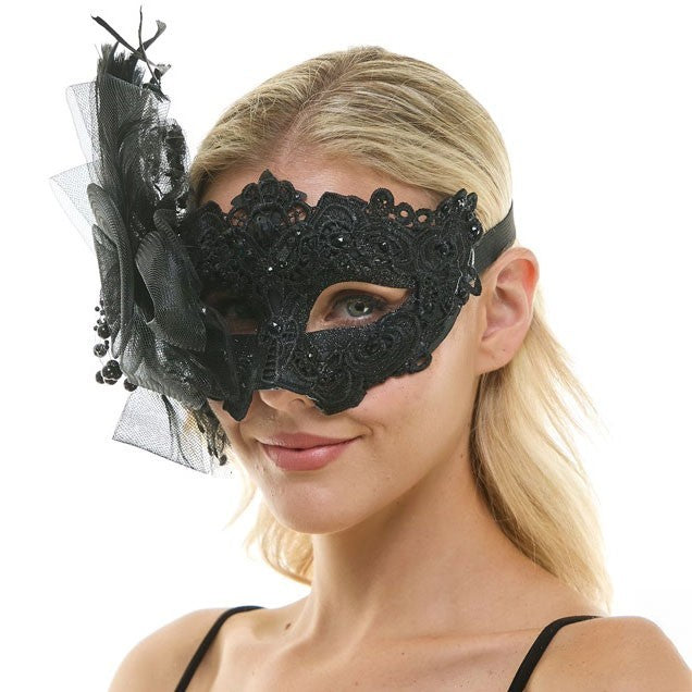 Stunning Bla Lace Masquerade Mask  Feather & Beaded Venetian Style Eye Accessory