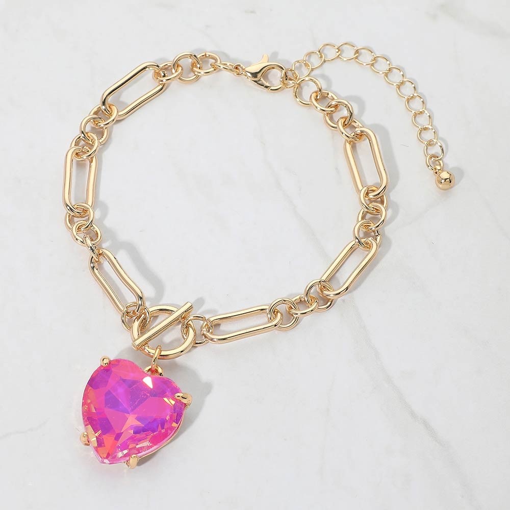 Gold Paperclip Chain Bracelet with Iridescent Pink Heart Crystal Charm Pendant