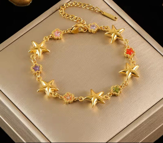 Gold Star Charm Bracelet with Multicolor Gemstones Adjustable Stainless Steel Ch