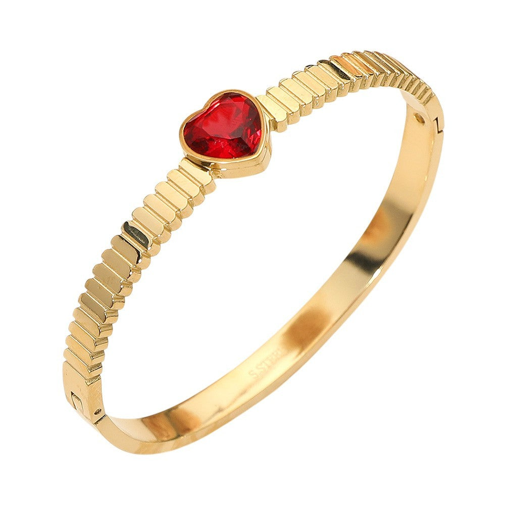 Red Heart Crystal Hinged Bangle Bracelet Gold Tone Stainless Steel