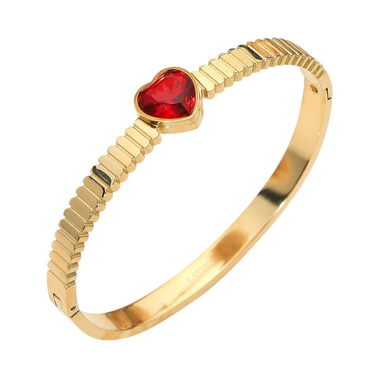 Red Heart Crystal Hinged Bangle Bracelet Gold Tone Stainless Steel