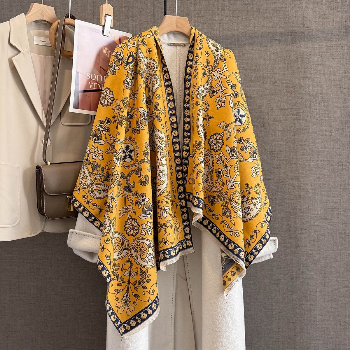 Yellow Paisley Floral Pashmina Scarf Cashmere Feel Soft Large Wrap Shawl 73"x26"