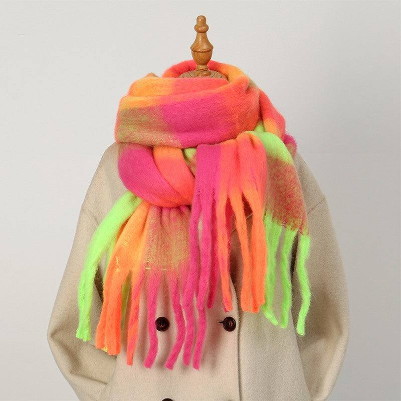 Neon Plaid Tassel Scarf Oversized Blanket Shawl Thick Winter Wrap Hot Pink
