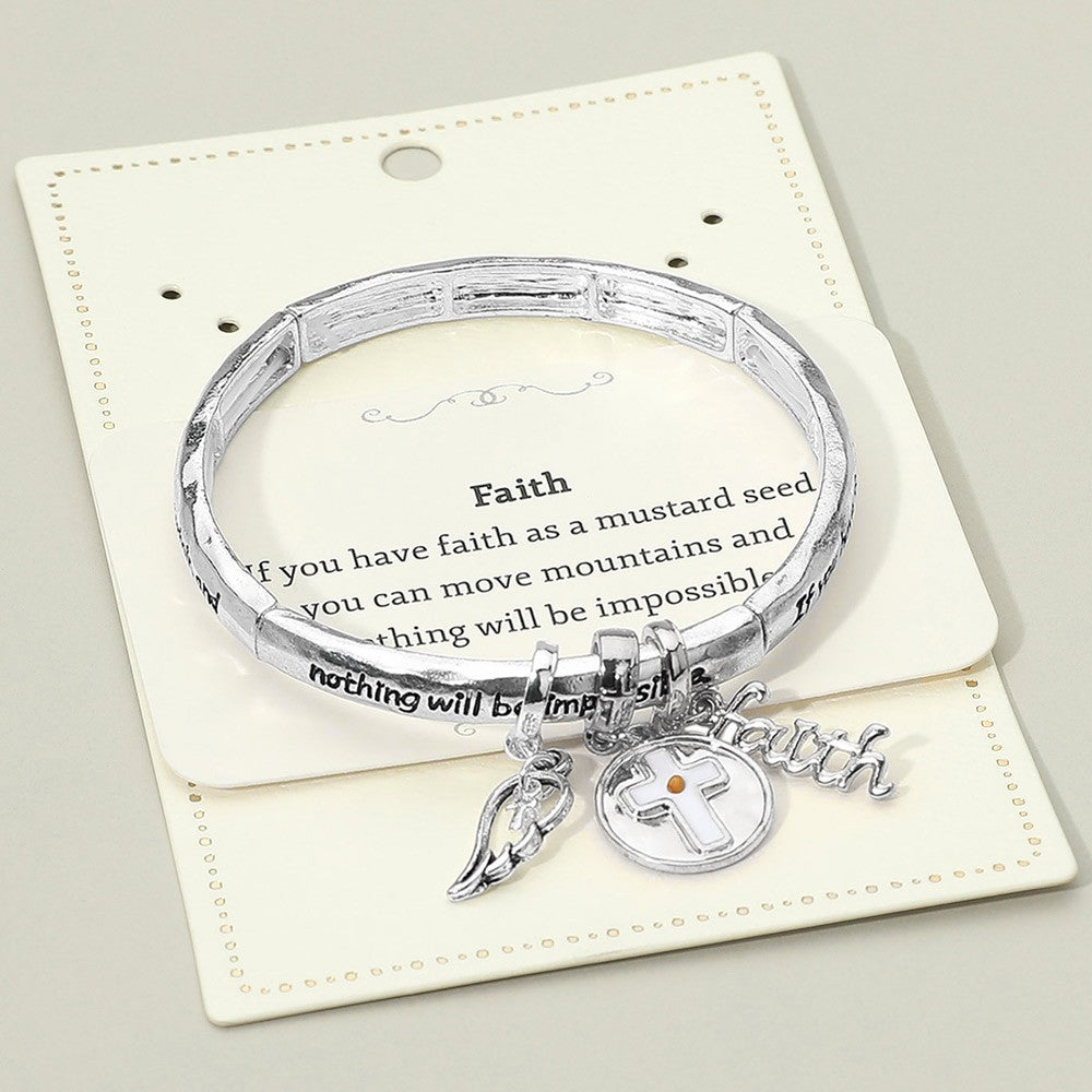 Faith Charm Bracelet Angel Wing Cross Mustard Seed Engraved Stretch Bangle Gift