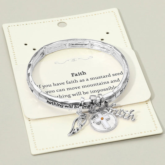 Faith Charm Bracelet Angel Wing Cross Mustard Seed Engraved Stretch Bangle Gift