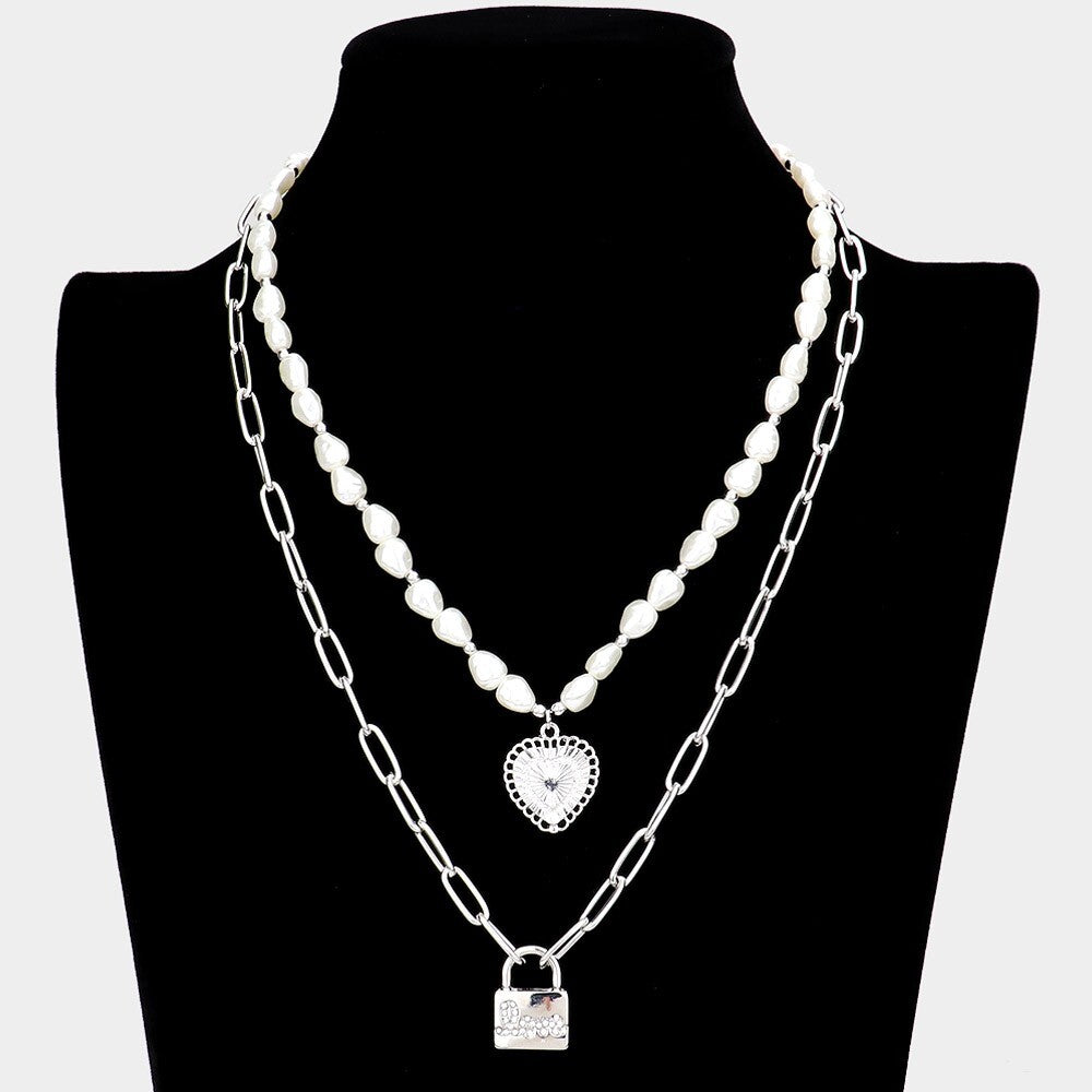 Double Layered Pearl Necklace Heart Lock Pendant Rhinestone Love Message Choker