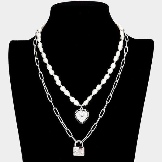 Double Layered Pearl Necklace Heart Lock Pendant Rhinestone Love Message Choker