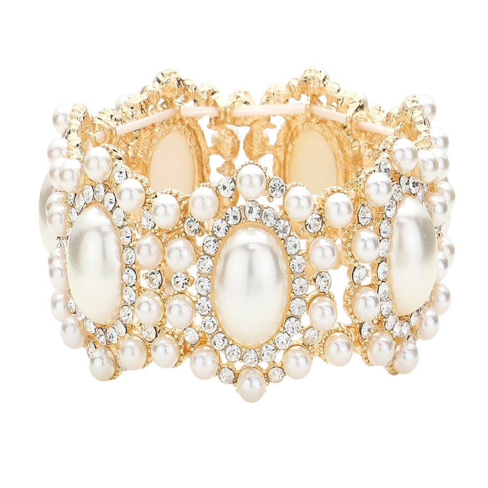 Women's Cream Gold Oval Faux Pearl Rhinestone Link Stretch Evening Bracelet