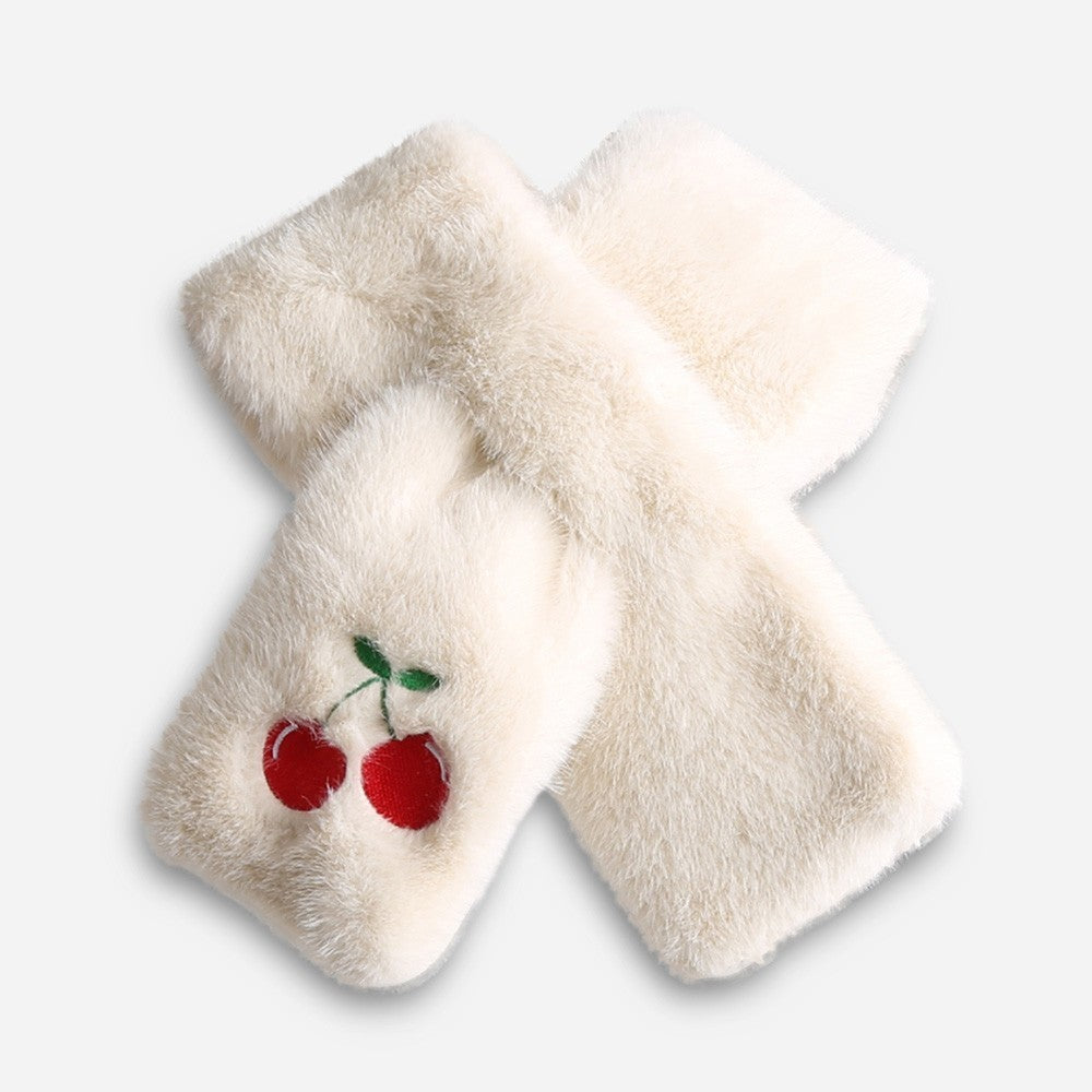 Faux Fur Cherry Scarf Ivory Embroidered Winter Neck Warmer Pull Through Muff