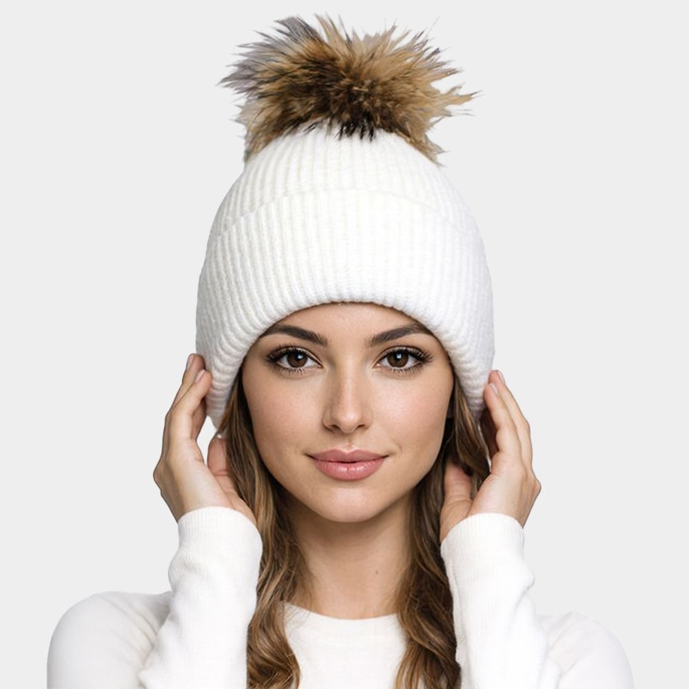 One Size Faux Fur Pom Pom Sparkly Soft Knit Winter Beanie Hat for Women White