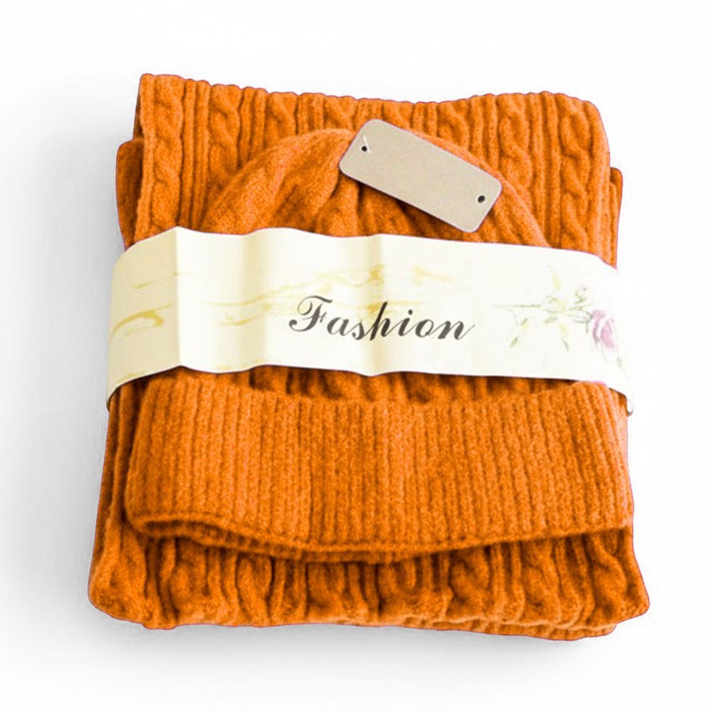 Cozy Cable Knit Scarf Beanie Set Winter Hat Warm Acrylic Polyester Orange