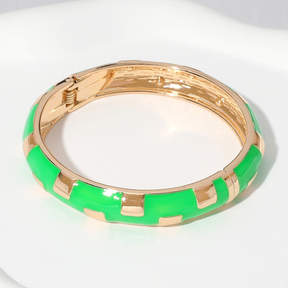 2PCS Gold Plated Enamel Geometric Hinged Bangle Bracelet Set for Women Jewelry