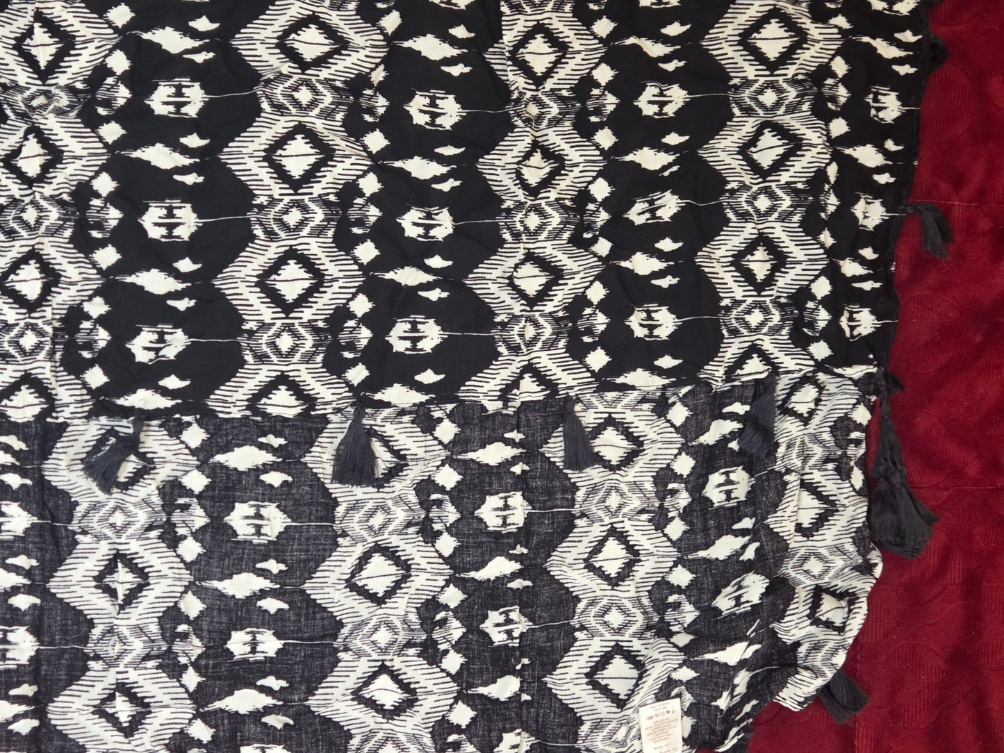 Ikat Geometric Tassel Scarf Wrap Shawl Black White Viscose Boho Festival New