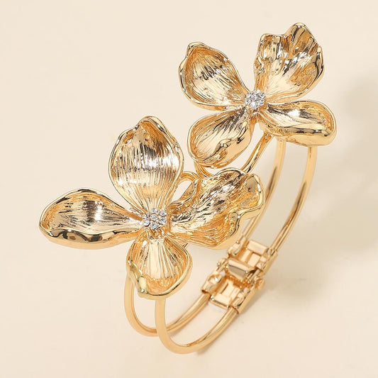 Elegant Gold Floral Double Blossom Hinged Bangle Bracelet with Crystal Accents