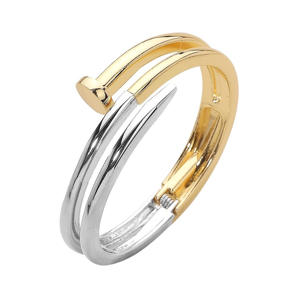 Two-Tone Gold and Silver Hinged Nail Bangle Bracelet Modern Industrial Jewelry