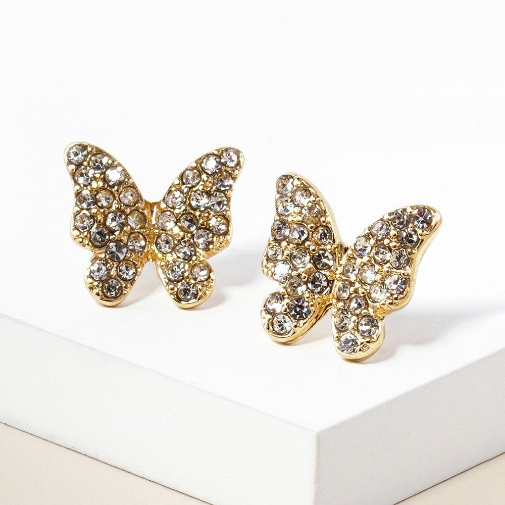 2pcs Black Gold Butterfly Earrings Post Back Sparkly Rhinestone Studs Jewelry