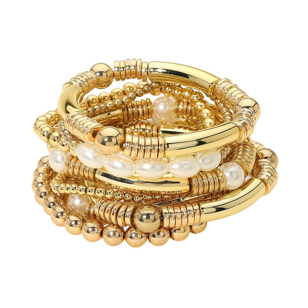11pc Chic Gold Beaded Bracelet Set Mixed Pearl and Metal Stackable Jewelry Gift