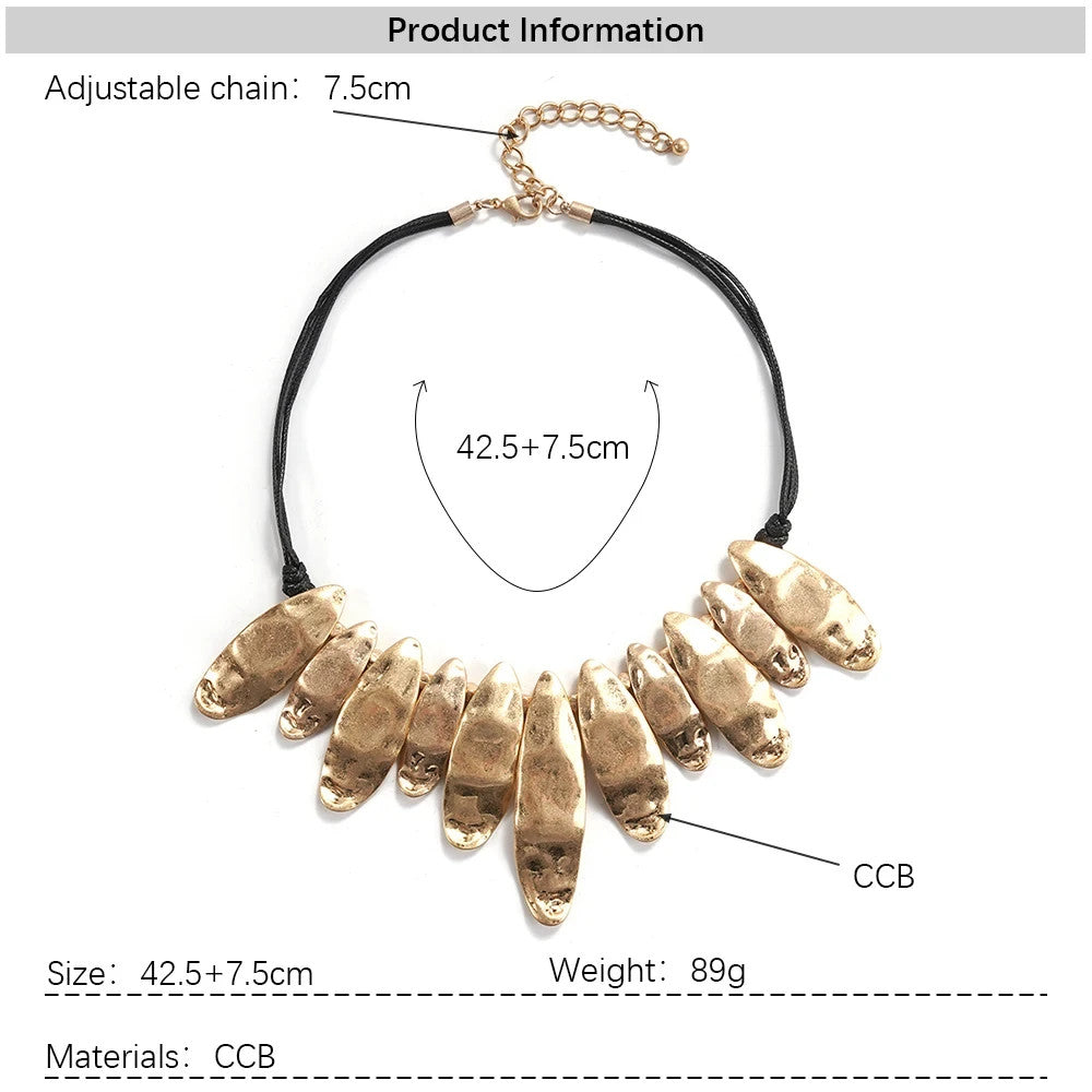 Women's Boho Chic Fashion Statement Chunky Collar Necklace Gold Tone Black Cord