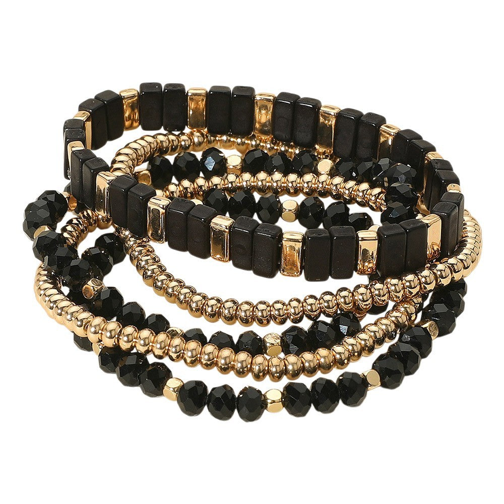 Women’s 5PCS Black and Gold Beaded Stretch Bracelet Set Multi Layered Jewelry