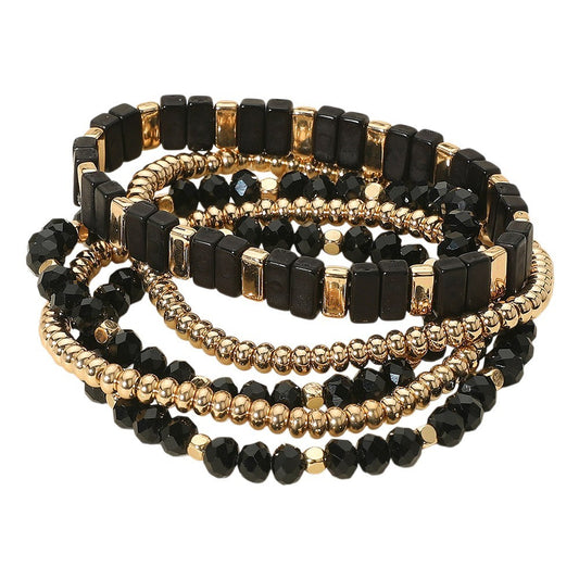 Women’s 5PCS Black and Gold Beaded Stretch Bracelet Set Multi Layered Jewelry