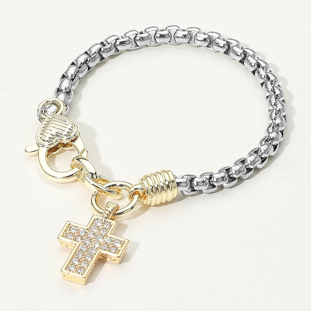 2 Pcs Women's Cubic Zirconia Stone Two-Tone Cross Charm Bracelet 14K Gold Plated