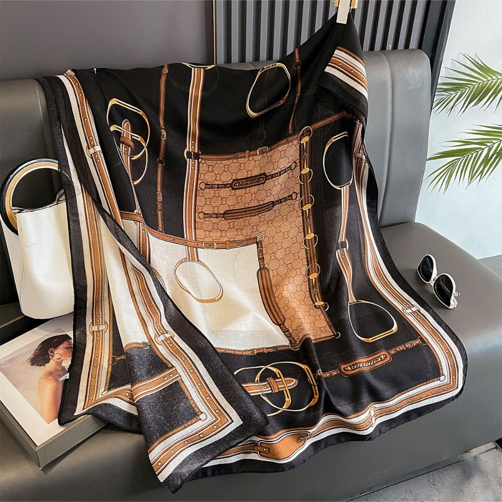 Oversized Women’s Scarf Shawl Wrap Black Tan Gold Belt Buckle Print Fall