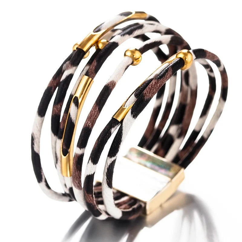 Boho Leopard Bracelet Duo | Multi-Strand Gold & Animal Print Cuff Bangle 2PC Set