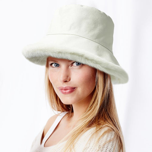 Faux Leather Bucket Hat Women Reversible Faux Fur Trim Quilted Winter Cap White