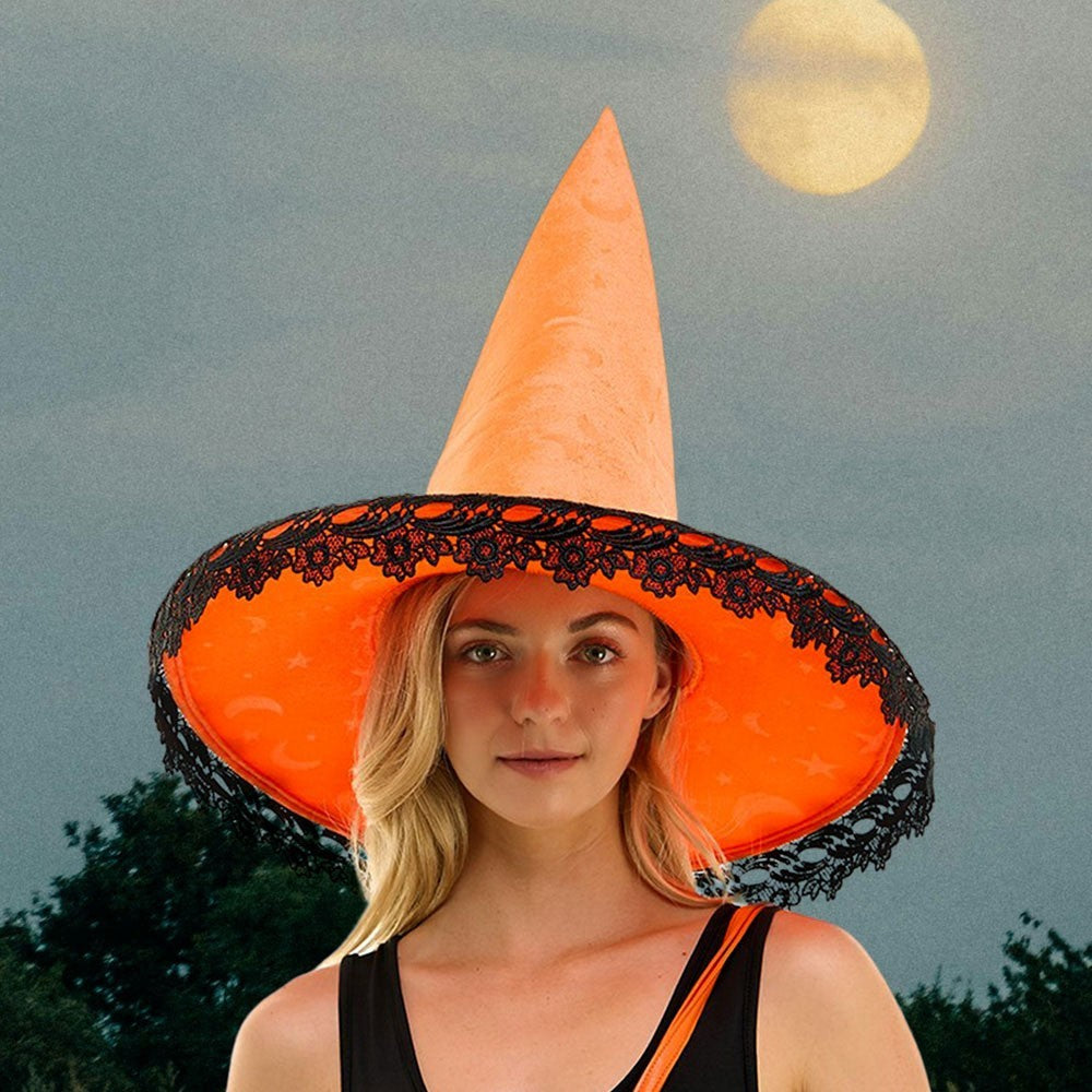 Bright Orange Witch Hat Black Lace Ribbon Wide Brim Halloween Costume Accessory