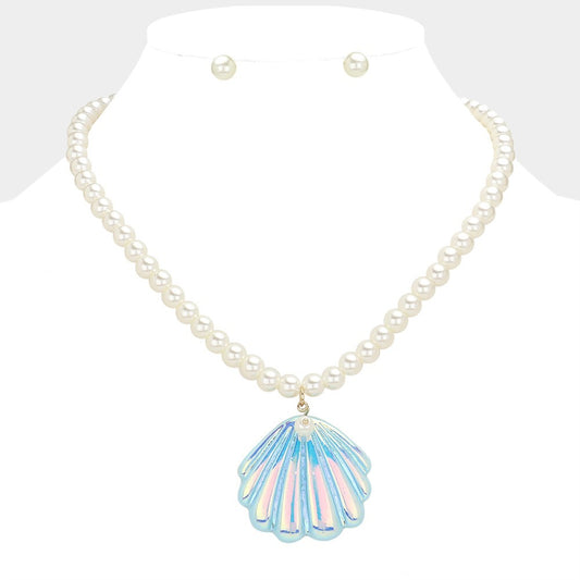 Metallic Glazed Seashell Pendant Pearl Necklace Coastal Charm Jewelry for Women