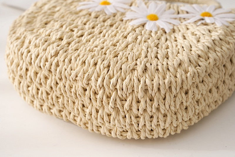 Hand-Woven Straw Daisy Bag for Women| Boho Moon-Shaped Summer Crossbody Purse