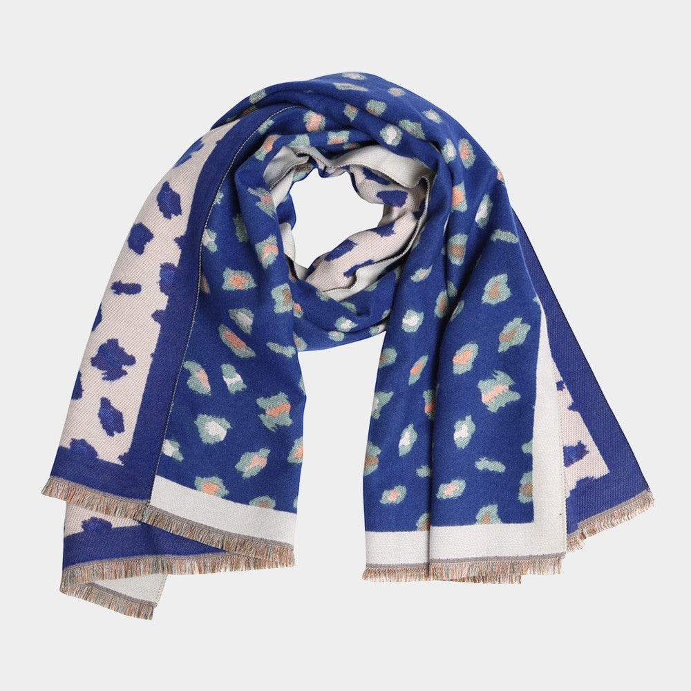 Women's Leopard Pattern Fringe Oblong Scarf Animal Print Lightweight Blue 71x26"