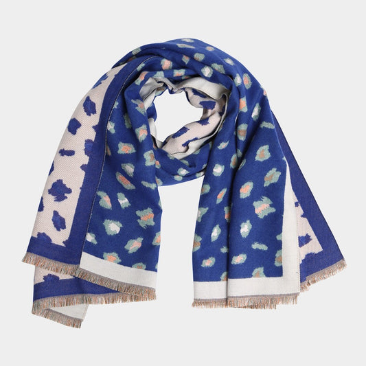 Women's Leopard Pattern Fringe Oblong Scarf Animal Print Lightweight Blue 71x26"