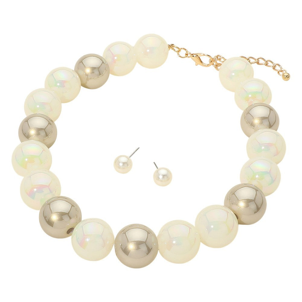 Chunky Brown White Ball Beaded Statement Necklace with Matching Stud Earrings