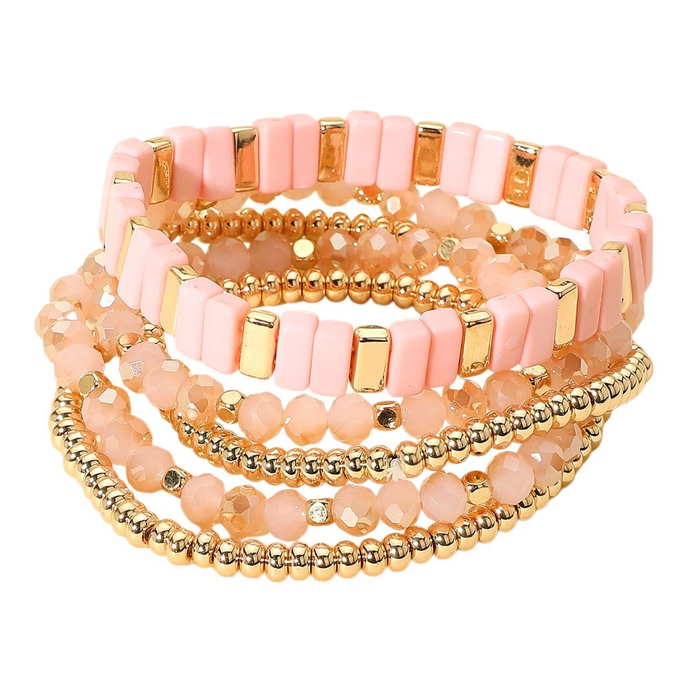 Women’s 5PCS Pink and Gold Beaded Stretch Bracelet Set Multi Layered Jewelry