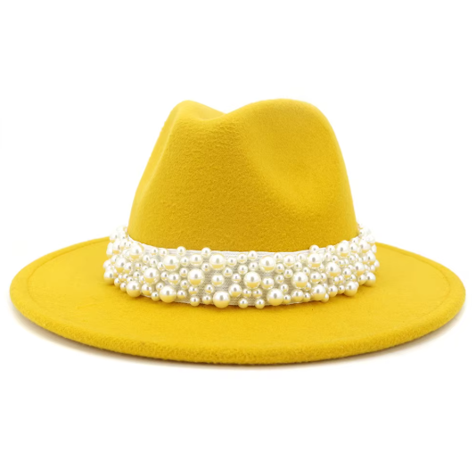 White Felt Jazz Fedora Hat with Pearl Band Wide Brim Elegant Dressy Accessory