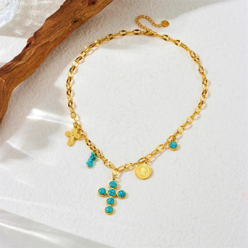 Stainless Steel Turquoise Inlay Cross Pendant Necklace for Women and Girls