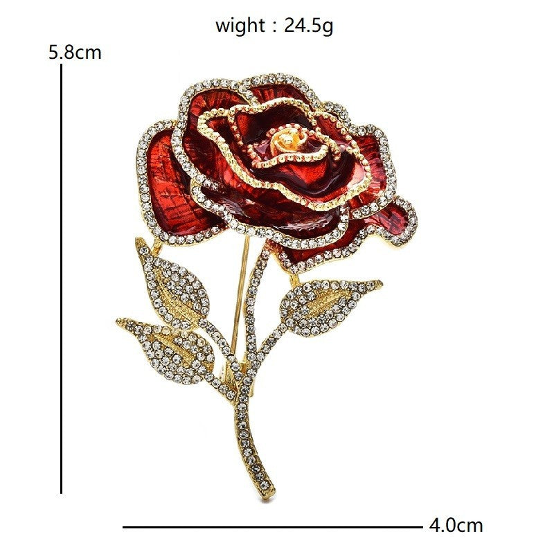 Red Enamel Rose Brooch Pin Crystal Rhinestone Flower Corsage Gift for Her