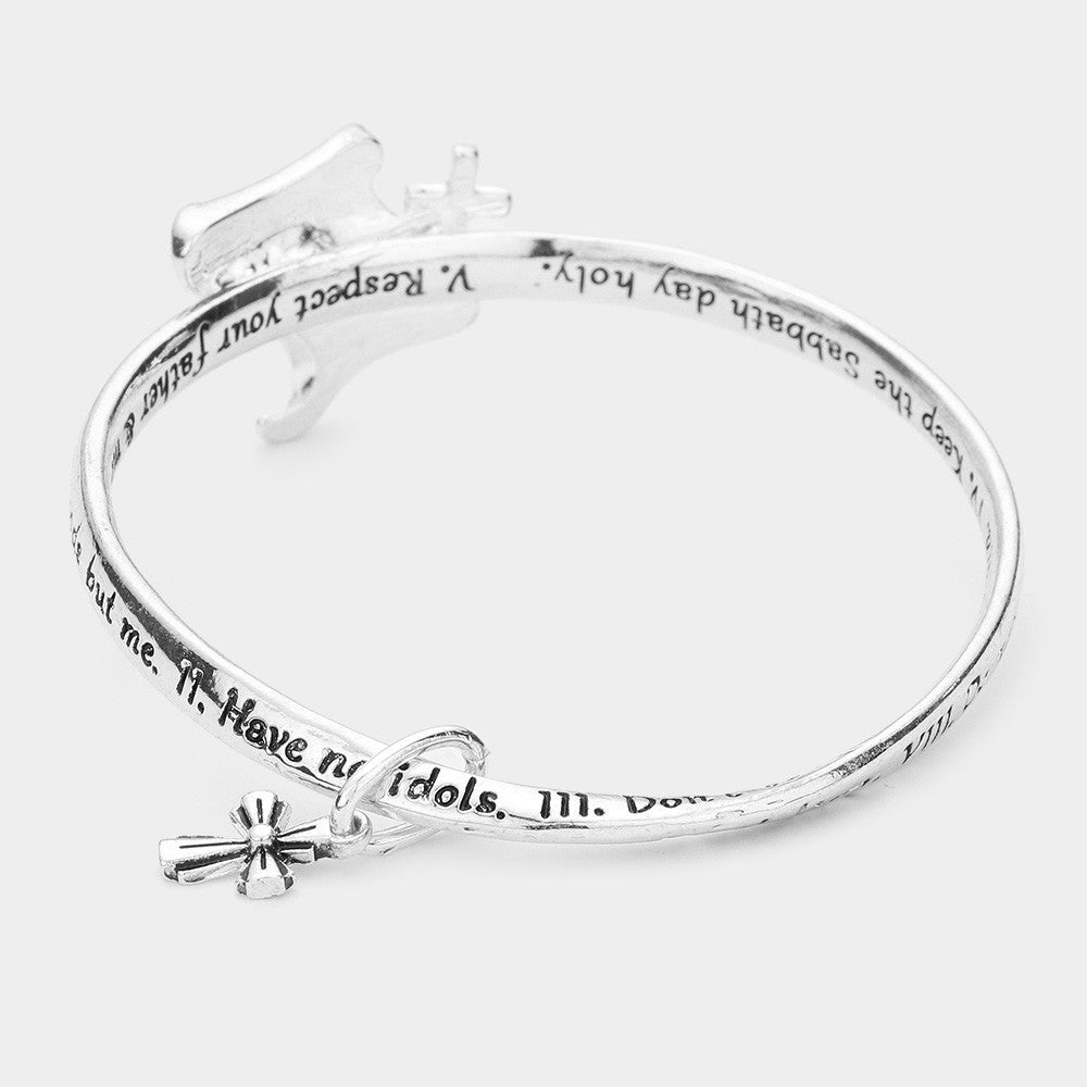 Antique Silver Ten Commandment Cross Message Charm Bangle Bracelet Religious