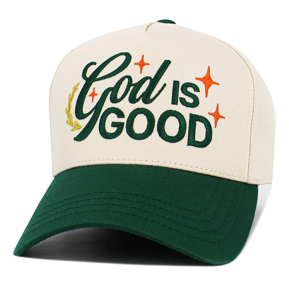 God Is Good Embroidered Trucker Hat Beige and Green Christian Faith Cap