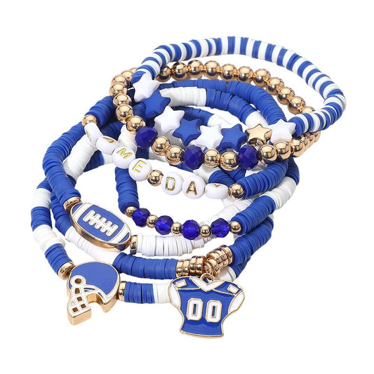 7PCS Game Day Football Charm Bracelets Heishi Beaded Stretch Stack Women Jewelry