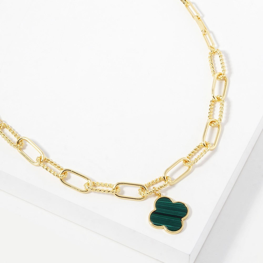 Gold Dipped Quatrefoil Pendant Necklace with Green Stone Accent