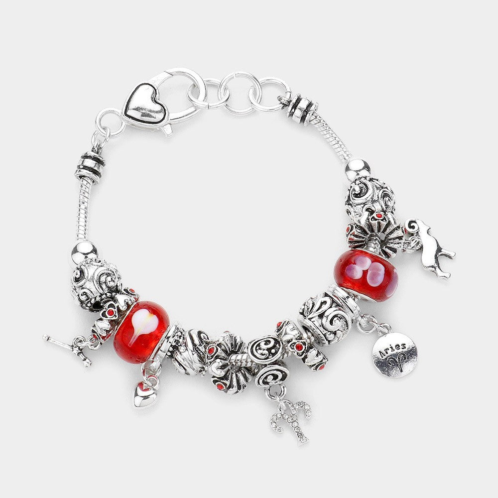 Aries Zodiac Multi-Bead Charm Bracelet – Silver Tone Astrology Jewelry