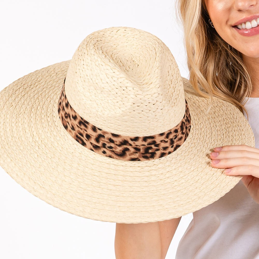 Leopard Band Straw Sun Hat for Women Wide Brim Summer Beach Travel Hat Chic