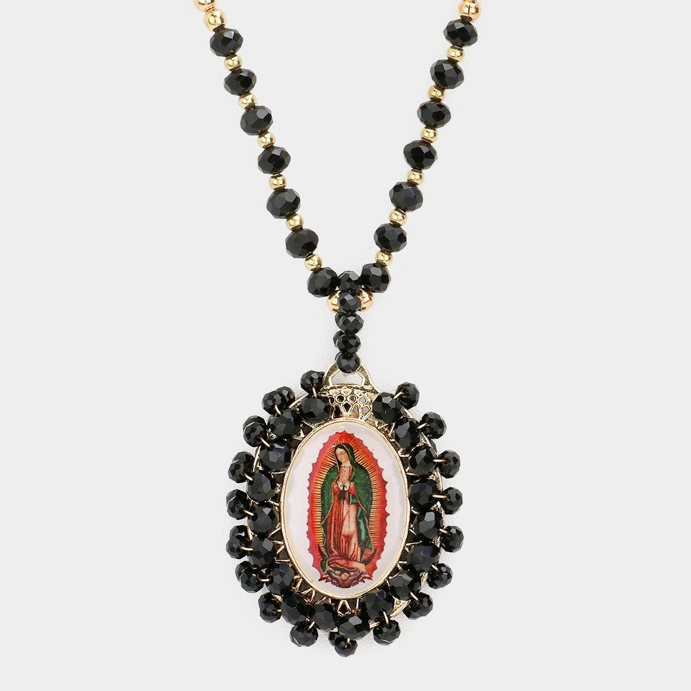 Fashion Black Crystal Rosary Necklace w/ Our Lady of Guadalupe & Rose Cross Lock