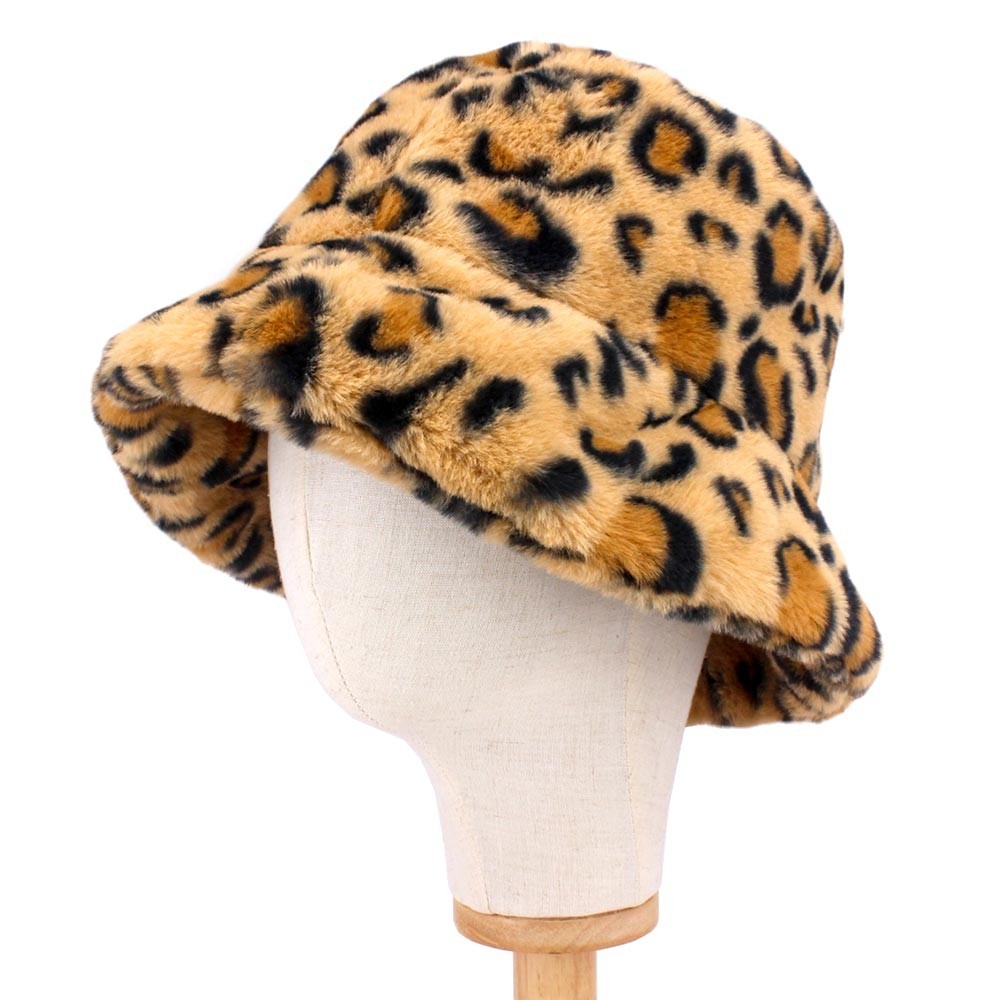 Leopard Print Faux Fur Bucket Hat for Women – Cozy Winter Animal Print Hat