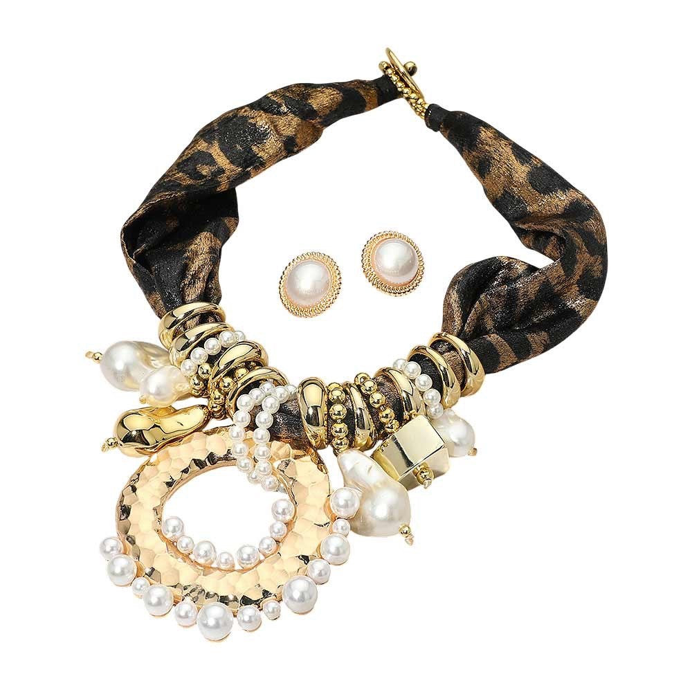 2pc Leopard Print Scarf Necklace Faux Pearl Hammered Gold Charm Earring Set